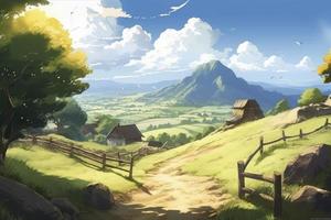 skön anime bakgrund landsbygden, dag, utanför, generat ai foto
