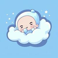 söt bebis sovande på moln kudde tecknad serie ikon illustration, generat ai foto