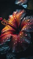 hibiskus blomma med vatten droppar med slumpmässig bakgrund, Sol stiga, generera ai foto