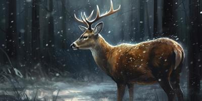 en härlig målning av en rådjur i de skog med ljus snö faller, generera ai foto