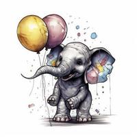 söt och vänlig bebis elefant innehav färgrik ballonger, vänlig färger, stor runda glasögonen ögon, enkel vit bakgrund, generat ai foto