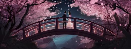 kärlek par på bro i natt parkera med sakura, generat ai foto