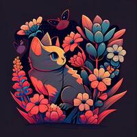blommig tecknad serie söt katt - ai genererad foto