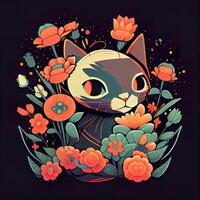 blommig tecknad serie söt katt - ai genererad foto