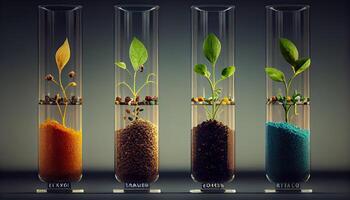 växt frön i testa rör för genetik forskning. laboratorium analys av jordbruks handelsvaror genererad ai foto