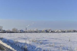 en snötäckt fält i vinter, blå himmel och skog. snö i en vinter- fält under de dag. foto