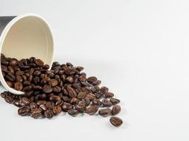 rostad arabica kaffe bönor, redo till göra kaffe den där människor tycka om till dryck. placerad i en svart kaffe kopp papper på de bakgrund. utseende skön och aptitlig. dryck. foto