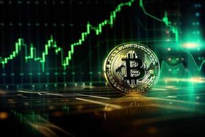 bitcoin med grön Graf på dator skärm bakgrund, crypto valuta handel. generativ ai foto