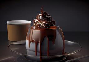 choklad pudding i de fast tallrik realistisk 3d, produkt monter för mat fotografi ai genererad foto