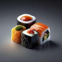sushi japansk mat jag i de platt trä- styrelse realistisk produkt monter för mat fotografi ai genererad ai genererad foto