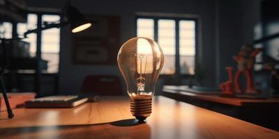 företag idéer begrepp med lysande ljus Glödlampa i arbetsplats. generativ ai foto