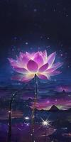 de bakgrund starlight är lysande ljust, en rosa lotus är i full blomma, kristall klar och petig, de hjärta av de blomma är tycka om en eldfluga lysande, generat ai foto