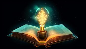 bok och glödlampa ikon lysande tillsammans, symboliserar de upplysande och transformativa effekter av utbildning. generativ ai foto