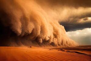 öken- landskap med en sandstorm. generativ ai foto