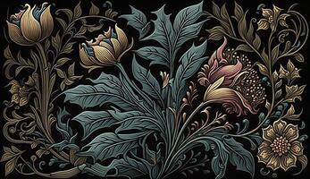 ai genererad. generativ ai. blommig mönster väggpapper. blommor och löv. kan vara Begagnade främre del dekoration. inspirerad förbi de stil av william morris. Färg illustration. foto