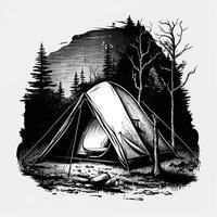 ai genererad. generativ ai. årgång retro camping tält i gravyr stil. äventyr resa resa motiverande affisch. kan vara Begagnade för dekoration och inspiration. grafisk konst illustration. foto