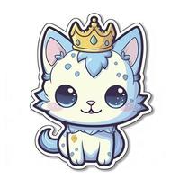 klistermärke, Lycklig blå ögon färgrik kattunge bär krona, söt, kontur, vit bakgrund, generat ai foto