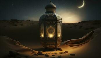 arabien sahara lykta och måne uppstart för hälsning ramadan eller eid mubarak kort, generera ai foto