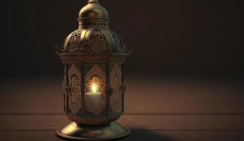 dekorativ arabicum lykta med brinnande ljus lysande . festlig hälsning kort, inbjudan för muslim helig månad ramadan kareem. ramadan kareem hälsning Foto med lugn moské bakgrund, generera ai