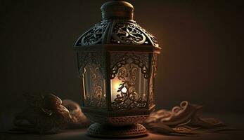 dekorativ arabicum lykta med brinnande ljus lysande . festlig hälsning kort, inbjudan för muslim helig månad ramadan kareem. ramadan kareem hälsning Foto med lugn moské bakgrund, generera ai