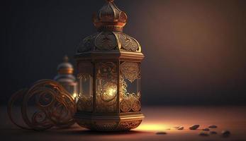 dekorativ arabicum lykta med brinnande ljus lysande . festlig hälsning kort, inbjudan för muslim helig månad ramadan kareem. ramadan kareem hälsning Foto , generera ai