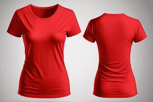 Foto realistisk kvinna röd t-tröjor med kopia Plats, främre och tillbaka se. ai genererad