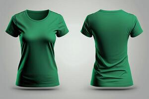 Foto realistisk kvinna grön t-tröjor med kopia Plats, främre och tillbaka se. ai genererad