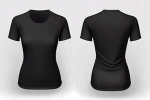 Foto realistisk kvinna svart t-tröjor med kopia Plats, främre och tillbaka se. ai genererad