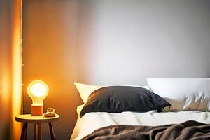 mysigt sovrum med ljus Glödlampa, generativ ai foto