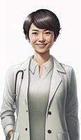 ultra realistisk illustration av en kort håriga japansk kvinna läkare Framställ med en le, ai generativ foto