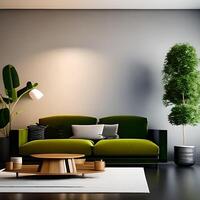 levande rum interiör mockup, möbel och dekorativ trendig blomma och växter, vit soffa och fåtölj, naturlig element och minimalism 3d framställa . ai generativ foto