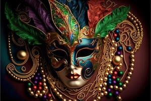 venetian karneval mask och pärlor dekoration bakgrund förbi ai genererad foto