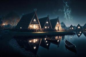 viking hus i en viking landskap förbi ai genererad foto