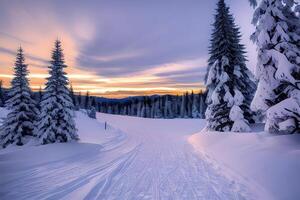 vinter- solnedgång i en vinter- sagoland landskap förbi ai genererad foto