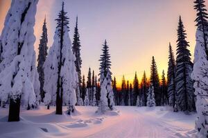 vinter- solnedgång i en vinter- sagoland landskap förbi ai genererad foto