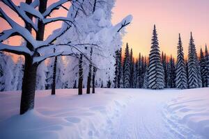 vinter- solnedgång i en vinter- sagoland landskap förbi ai genererad foto