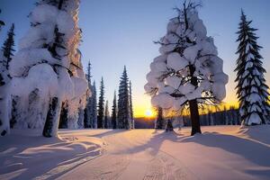 vinter- solnedgång i en vinter- sagoland landskap förbi ai genererad foto