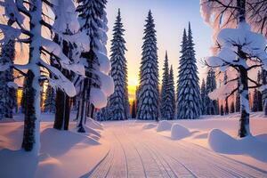 vinter- solnedgång i en vinter- sagoland landskap förbi ai genererad foto