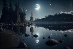 måne ljus på sjö lysande måne på natt trän stjärnor lysande förbi ai genererad foto