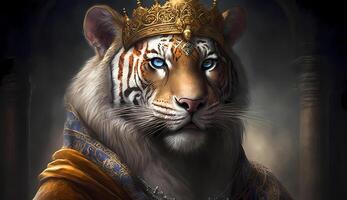 tiger bär krona på hans huvud, generativ ai teknologi foto