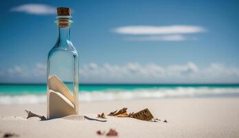 flaska på sand strand över suddig tropisk blå hav och klar blå himmel, generativ ai foto