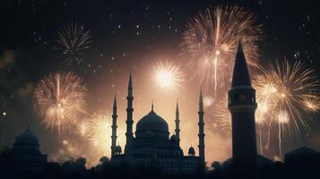 firande bakgrund med en moské och fyrverkeri i de natt himmel. eid firande begrepp ai genererad konstverk foto