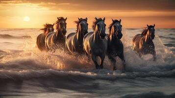 besättning av hästar galopperande i de hav på solnedgång i sommar ai genererad konstverk foto