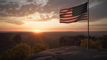 förenad stater av Amerika flagga vinka i de vind på solnedgång ai genererad konstverk foto