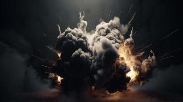 stor explosion med rök och brand på svart bakgrund ai genererad konstverk foto
