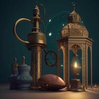 ramadan kareem hälsning kort. arabicum lyktor, måne och moské på natt. ai genererad konstverk foto
