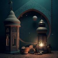 ramadan kareem hälsning kort. arabicum lyktor, måne och moské på natt. ai genererad konstverk foto