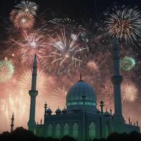 firande bakgrund med en moské och fyrverkeri i de natt himmel. eid firande begrepp ai genererad konstverk foto