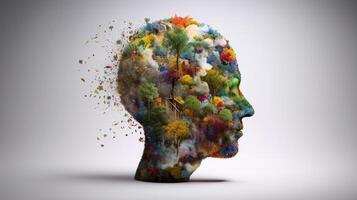 konceptuell bild av en mänsklig huvud med färgrik hjärna och höst löv. mental hälsa begrepp ai genererad konstverk foto