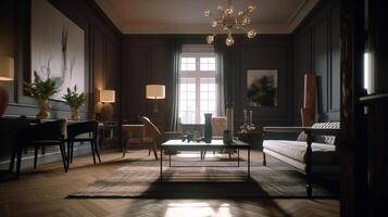 modern levande rum interiör design med klassisk möbel, ai genererad konstverk foto